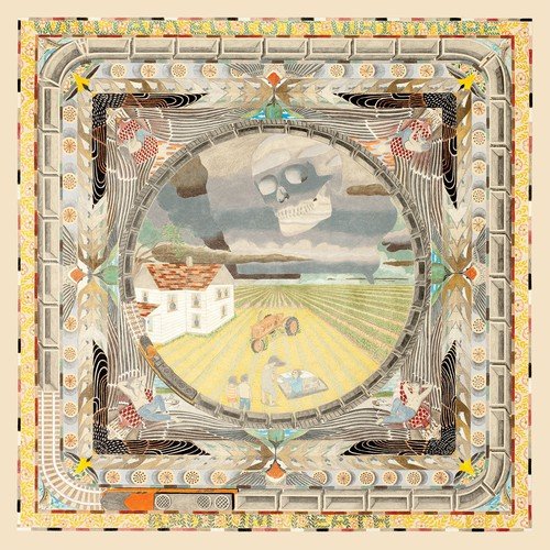 "Album cover with a surreal landscape and skull in the sky."