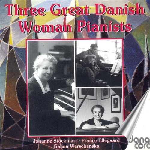 CD cover with three black-and-white photos of women pianists and abstract background design.