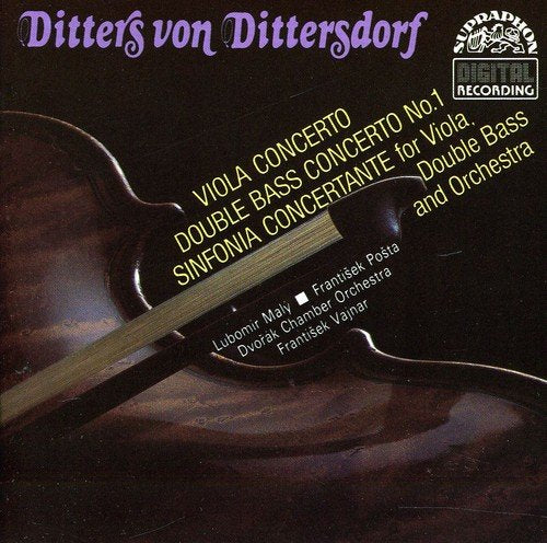 "CD cover featuring a viola and text describing concertos and orchestra details."