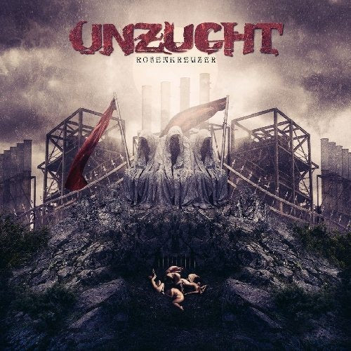 Dark album cover with figures, flags, and industrial structures.