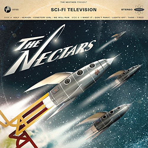 "Vinyl record cover featuring silver spaceships and stars, titled 'The Nectars - Sci-Fi Television'."
