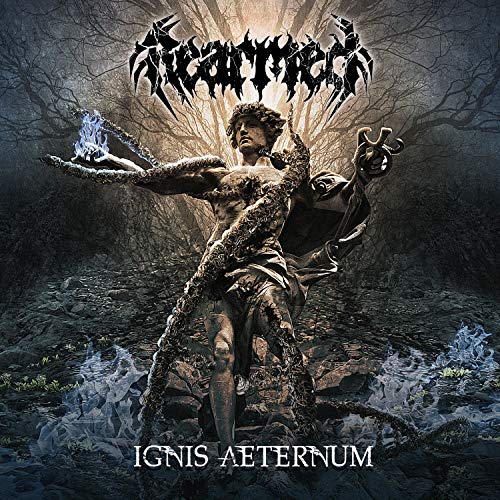 CD cover: statue with chains, flames, and dark, stormy background.