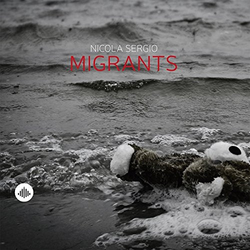 "CD cover with black and white image of people in turbulent water, 'MIGRANTS' in red."