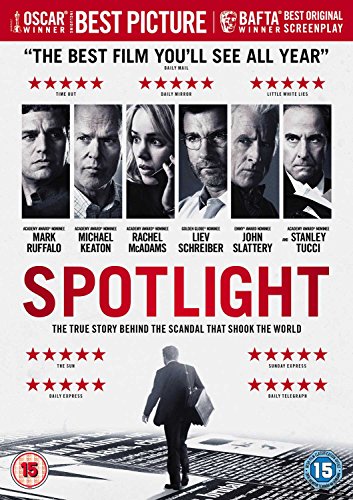 DVD cover for "Spotlight" with headshots and a man walking on a newspaper.