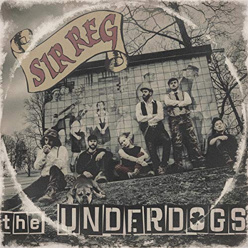 Black and white album cover with men posing outdoors, dog in foreground, and banner.