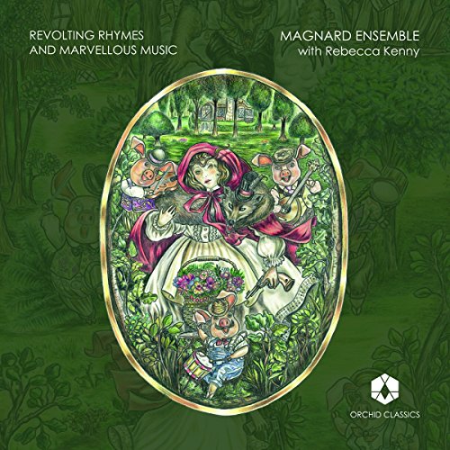 "CD cover with oval illustration of fairy tale characters in a forest, green background."