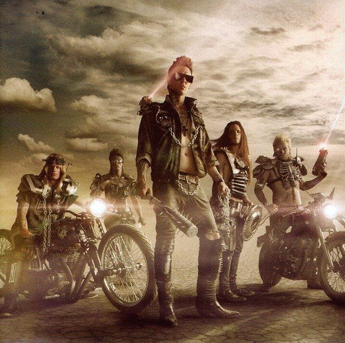 "CD cover art featuring a band of five punk rock musicians with motorcycles."