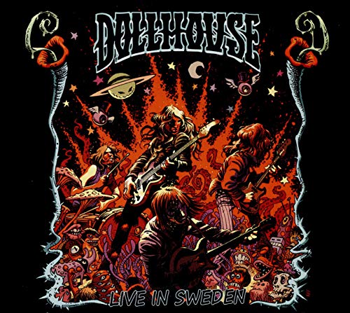 Dollhouse album cover: band performing amidst swirling, colorful, cartoonish chaos.