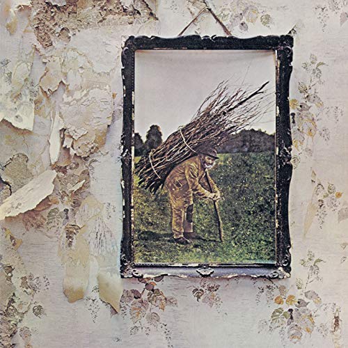 "Led Zeppelin IV CD cover featuring a man carrying sticks on a worn wall."