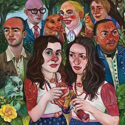 Painted album cover featuring a group of people and a small monkey.