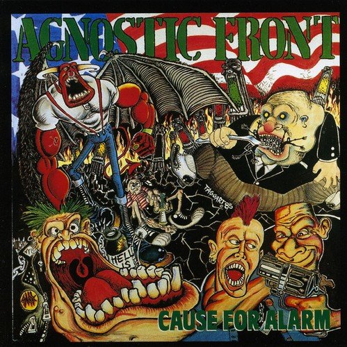 "Agnostic Front album cover with cartoonish, grotesque figures and US flag in the background."
