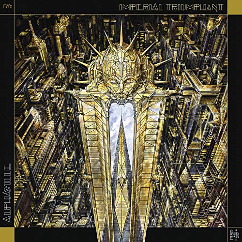 "Album cover art featuring a futuristic cityscape with a gold, spiked, humanoid figure."