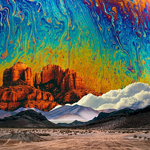 Desert landscape with swirling, colorful abstract sky overlay.