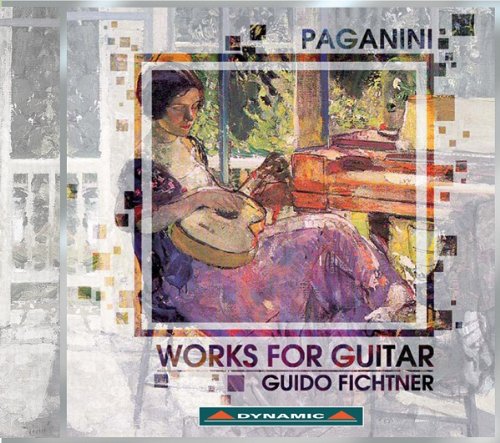 "CD cover with a painting of a man playing guitar, titled 'Paganini: Works for Guitar'."