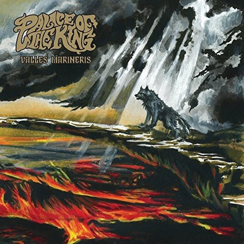 "Vinyl album cover art featuring a wolf standing near a fiery, waterfall landscape."