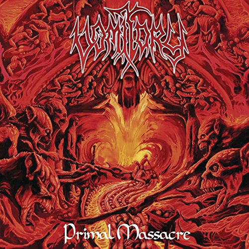 The image shows a red and orange album cover with white text. The alt text is: "Album cover with red and orange hellish scene and white text."