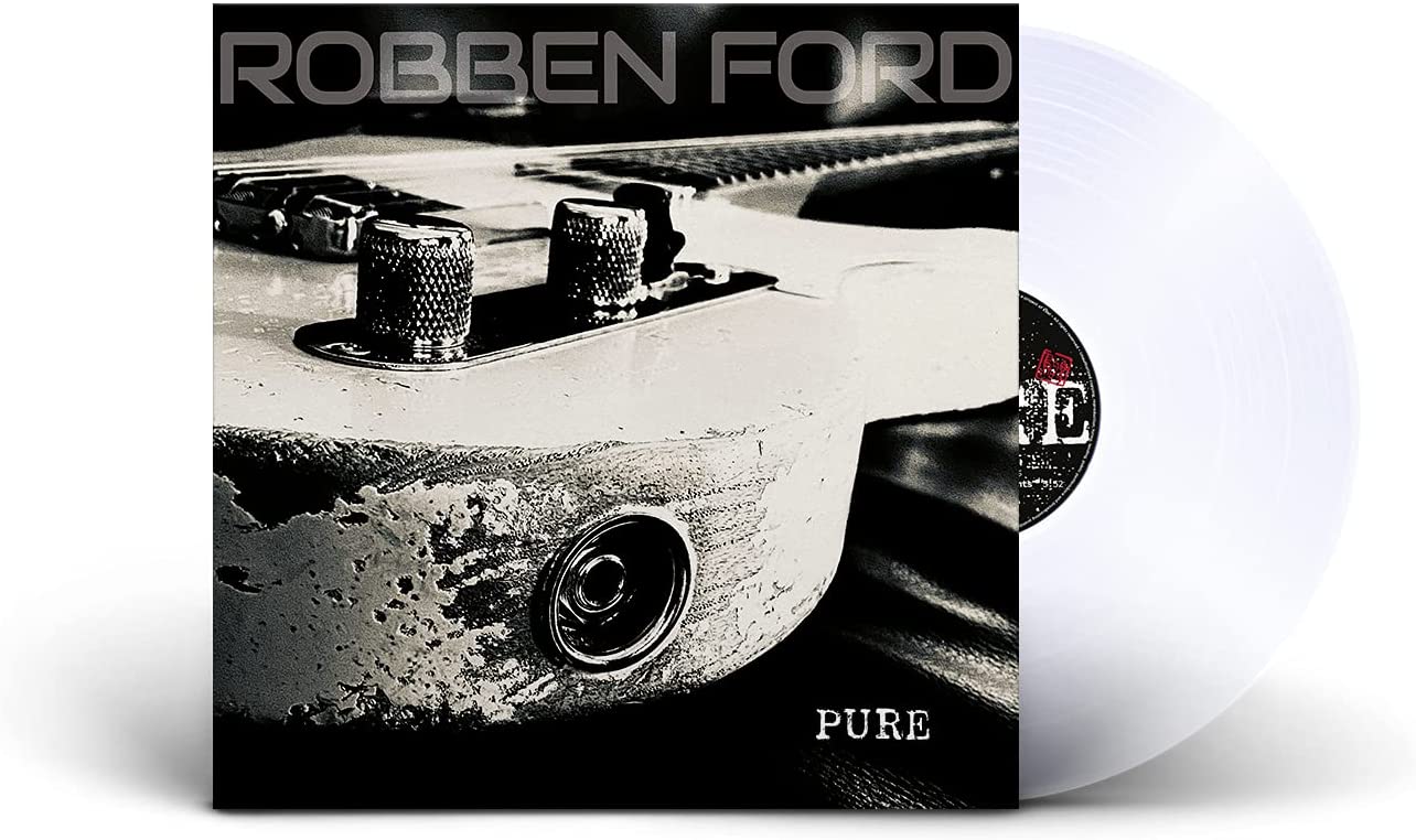 "Album cover with a close-up of a worn white electric guitar and 'Robben Ford Pure' text."