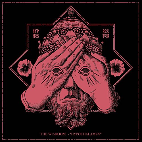 Red illustration of a bearded man's face with hands covering his eyes on black background.