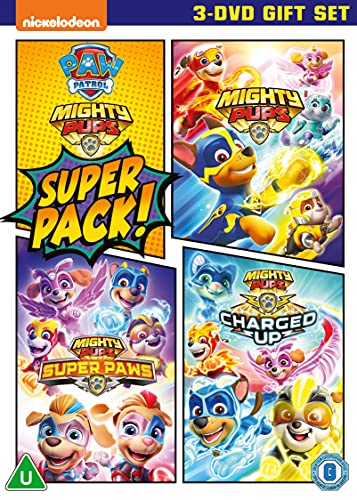 Paw Patrol Mighty Pups Super Pack DVD cover with cartoon dogs.