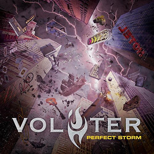 Album cover for Volster’s “Perfect Storm” depicting a chaotic, stormy cityscape.