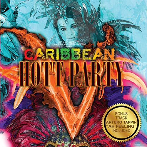 "CD cover with 'Caribbean Hott Party 5' text and vibrant, colorful abstract background."