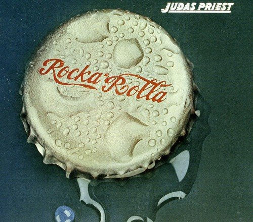 "Album cover featuring a crushed bottle cap with 'Rocka Rolla' in red cursive on dark background."