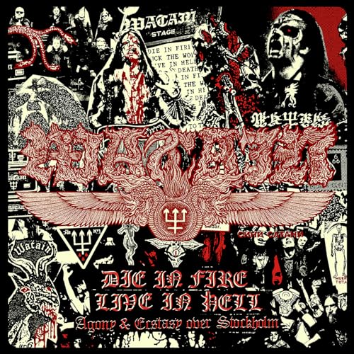 Watain "Die in Fire" CD cover: dark, chaotic collage with red text.