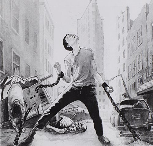 Black and white illustration of a man screaming amidst urban decay and chains.