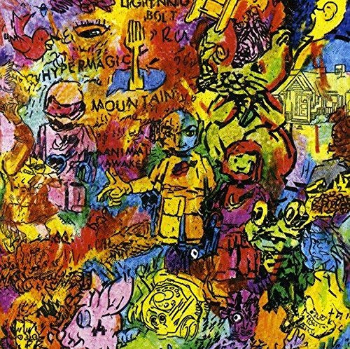 Colorful, chaotic illustration of figures and text on a vinyl record cover.