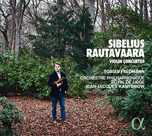 Man in a forest holding a violin, with white text on the right.