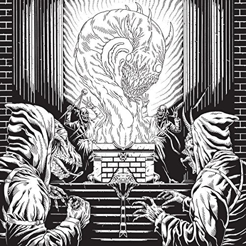 Black and white illustration of robed figures summoning a demon in a brick chamber.