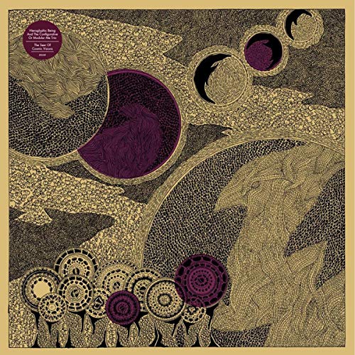 Golden abstract artwork with purple circles and intricate line details.