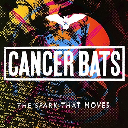 "Cancer Bats album cover with white text and abstract, colorful background design."