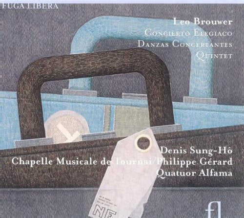 "CD cover art featuring abstract, stylized luggage with tag, against a grey background."