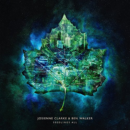 Album cover with a green leaf containing a cityscape against a starry night sky.