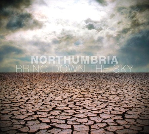 "CD album cover with cracked dry land and cloudy sky, titled 'Northumbria - Bring Down The Sky'."