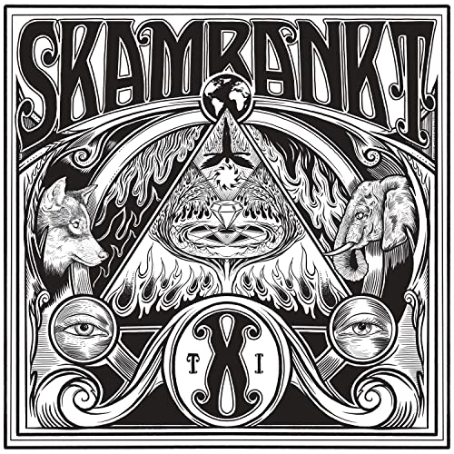 Skambankt album cover: intricate black and white illustration with animal motifs.