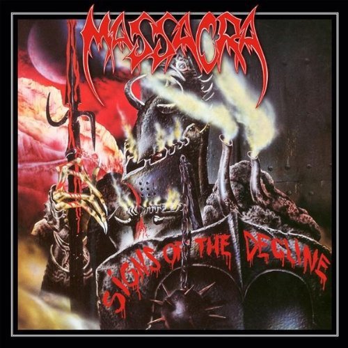 "Album cover with a knight in armor, red and black, and gothic font text."