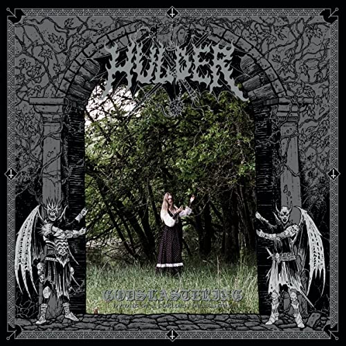 Black metal album cover with gothic arch, figures, and a woman in a field.