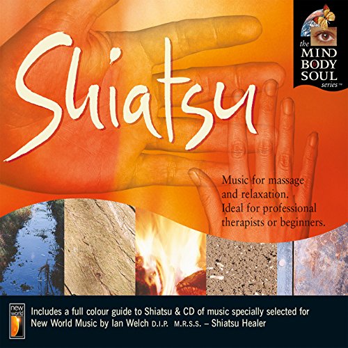 "CD cover with hands and 'Shiatsu' title, featuring earthy images and text describing the product."