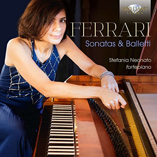 Woman in blue dress playing a harpsichord, with text "Ferrari: Sonatas & Balletti".