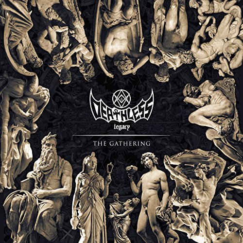 "Album cover with 'Deathless Legacy' logo, surrounded by classical statues on a black background."