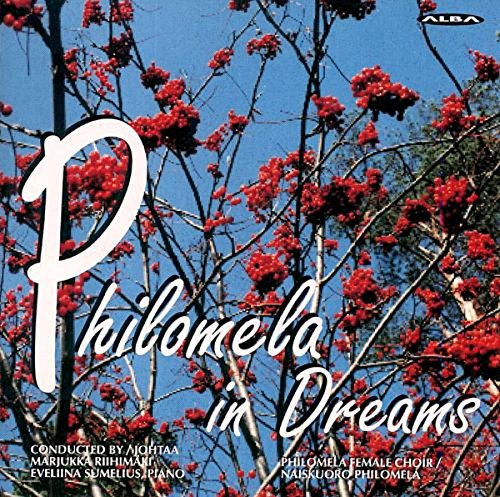 Album cover with "Philomela in Dreams" text, red flowers on branches against blue sky.
