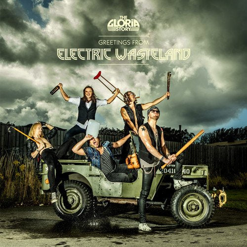 CD cover: band posing with instruments and a vintage jeep in a field.