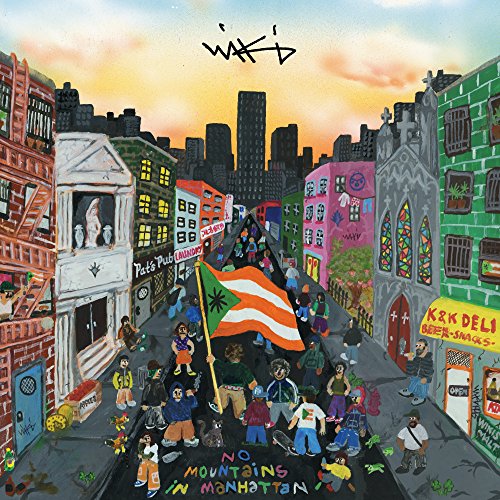 "Album cover art: cartoon city street scene with crowd and flag, 'No Mountains In Manhattan'."