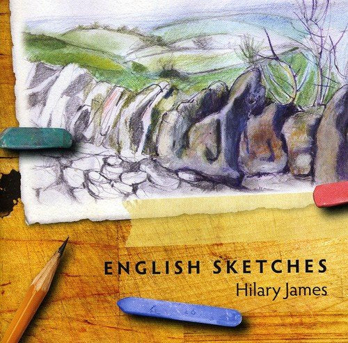 "Watercolor landscape on a wooden table with pastel chalks and a pencil."