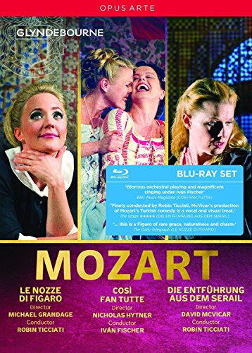 "Mozart Glyndebourne Blu-ray cover featuring three opera scenes with text overlays."