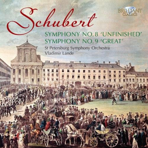 "CD cover featuring a 19th-century ball scene with 'Schubert' in red cursive."