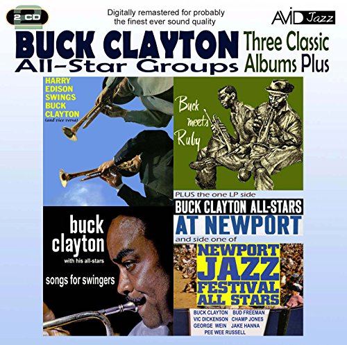 CD cover for Buck Clayton jazz albums featuring musicians and trumpets.