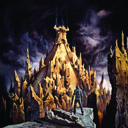 The image depicts a man in dark attire standing before a gothic, illuminated castle.